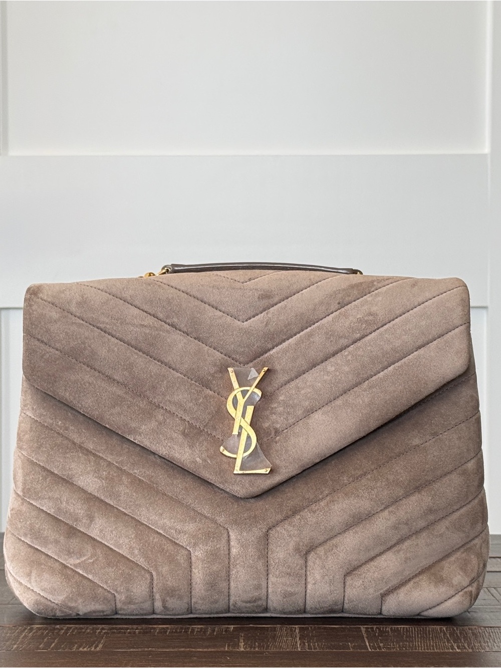 Saint Laurent Taupe Suede Quilted Satchel with Gold YSL Hardware